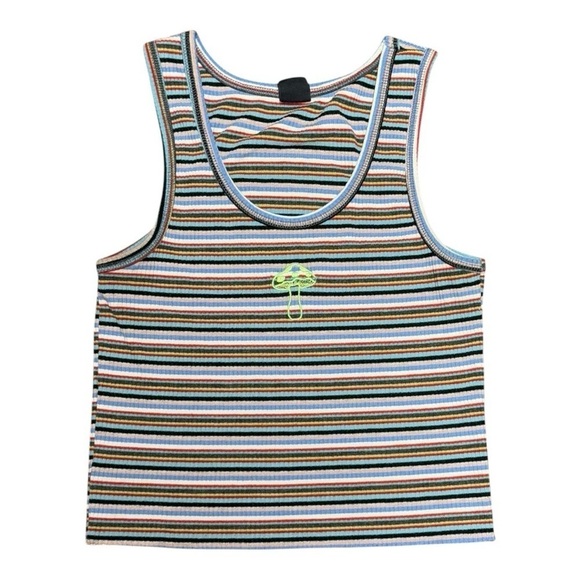 Urban Outfitters Tank Scoop Neck Striped Embroidered Mushroom Multi Color Medium - Picture 1 of 6